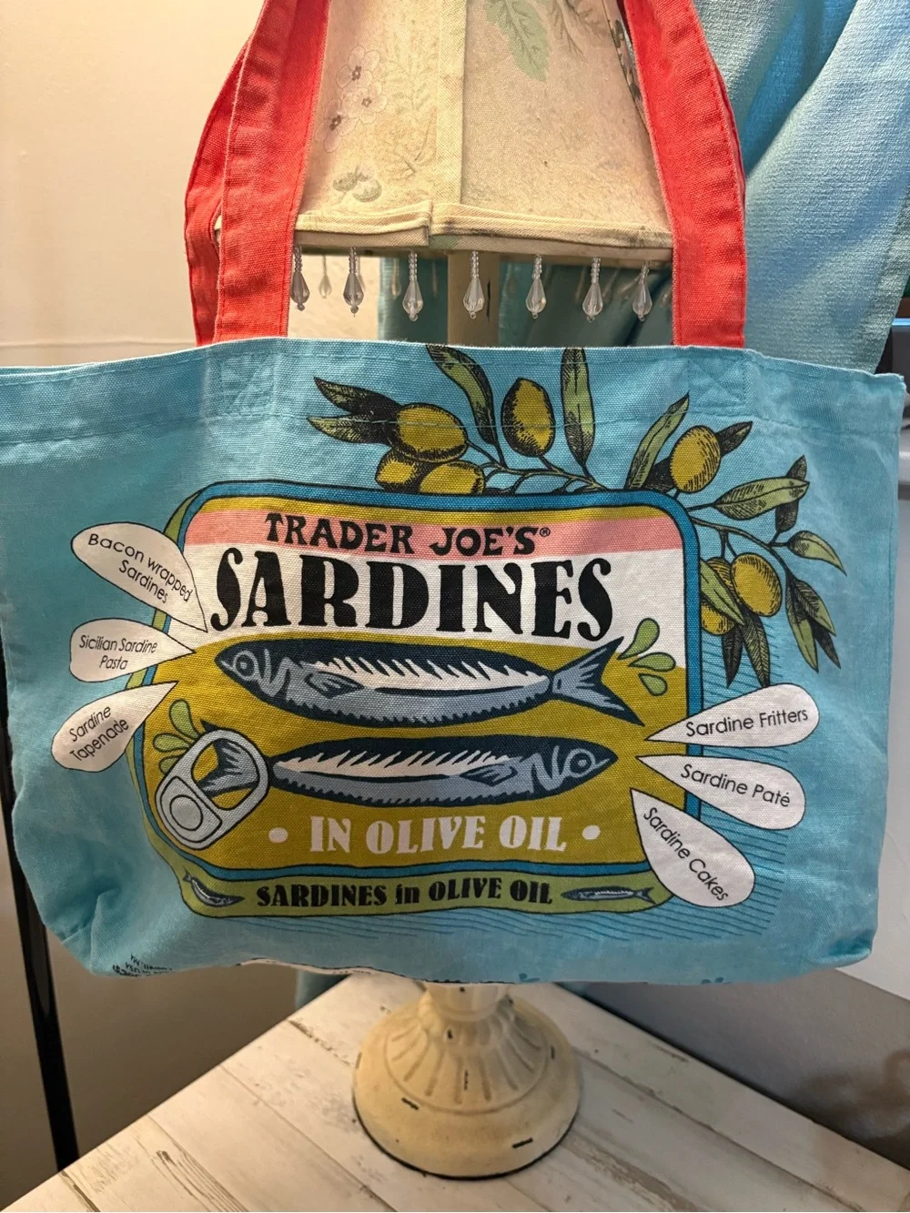 Trader Joe's Sardines Canvas Tote Bag in Turquoise and Red